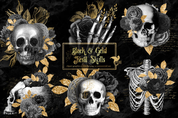 Black and Gold Floral Skulls Clip Art for Distinctive Designs