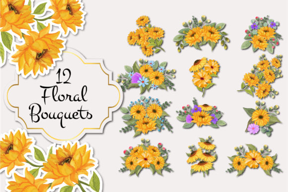 The Versatile Watercolor Sunflower Floral 12 Bouquets Digital Art Set